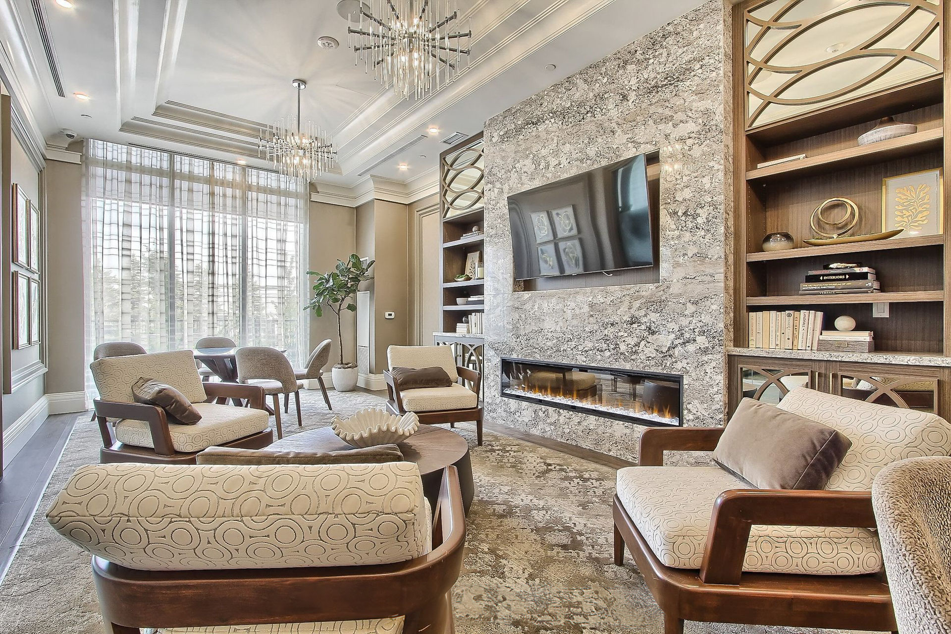 Resident lounge with fireplace amenity